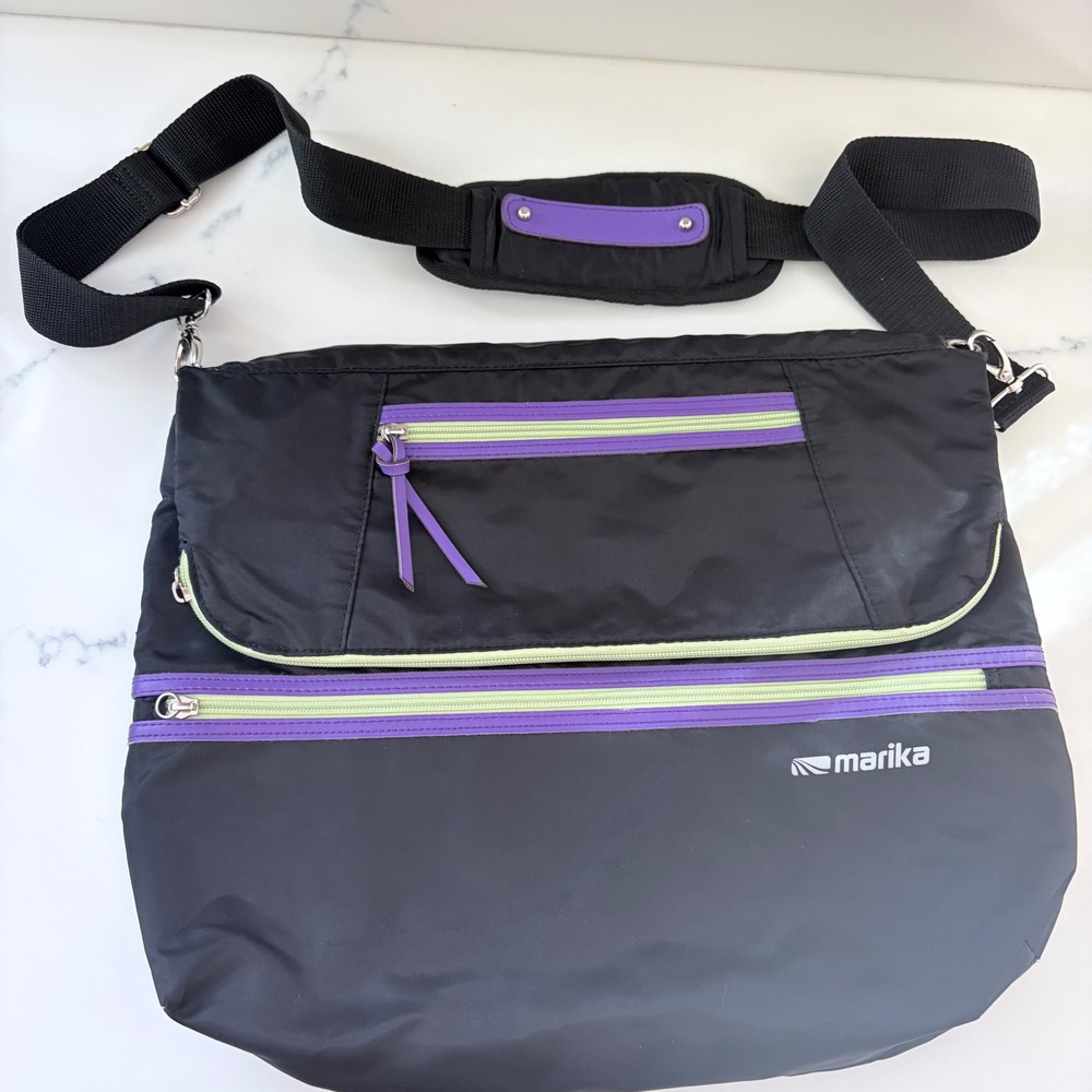 Marika Black Nylon Crossbody Messenger Bag Purple Lime Green Accents Large